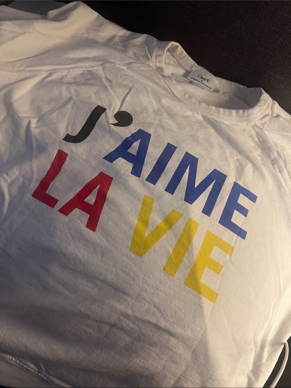 Anthropologie 'J'AIME LA VIE' White Graphic Tee with Red, Blue & Yellow Print